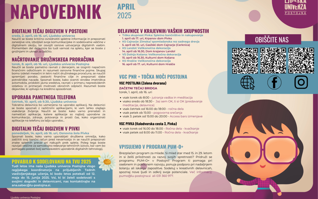 Ljudska univerza Postojna – napovednik za april 2025