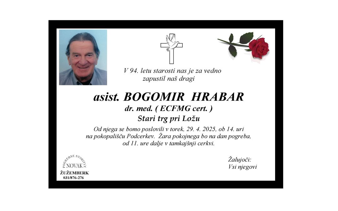 Osmrtnica – asist. Bogomir Hrabar