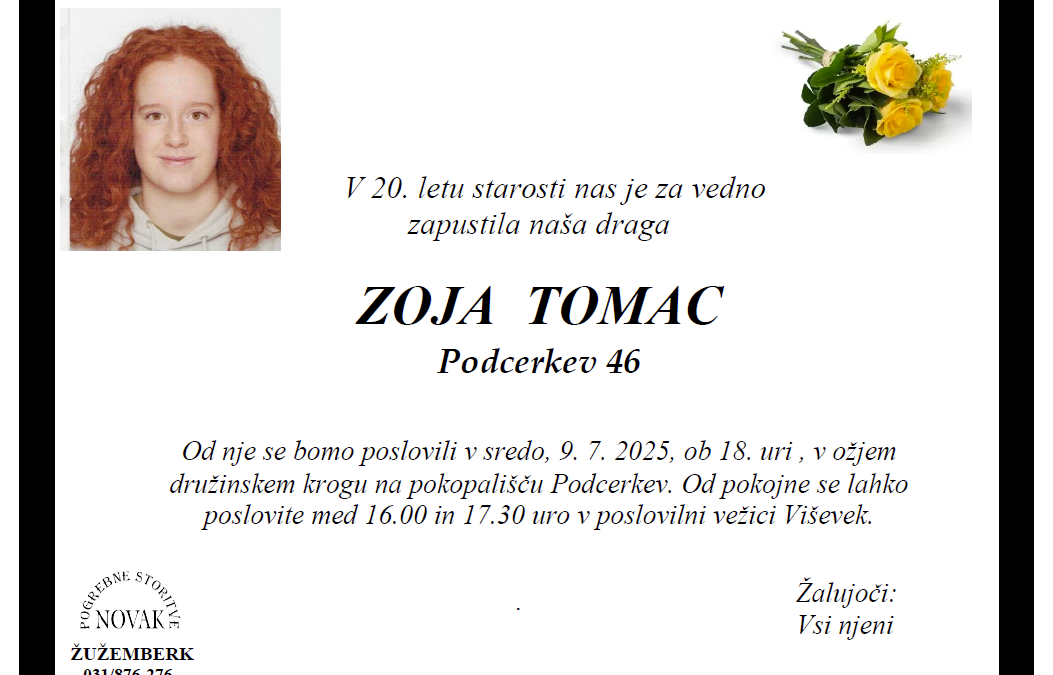 Osmrtnica – Zoja Tomac
