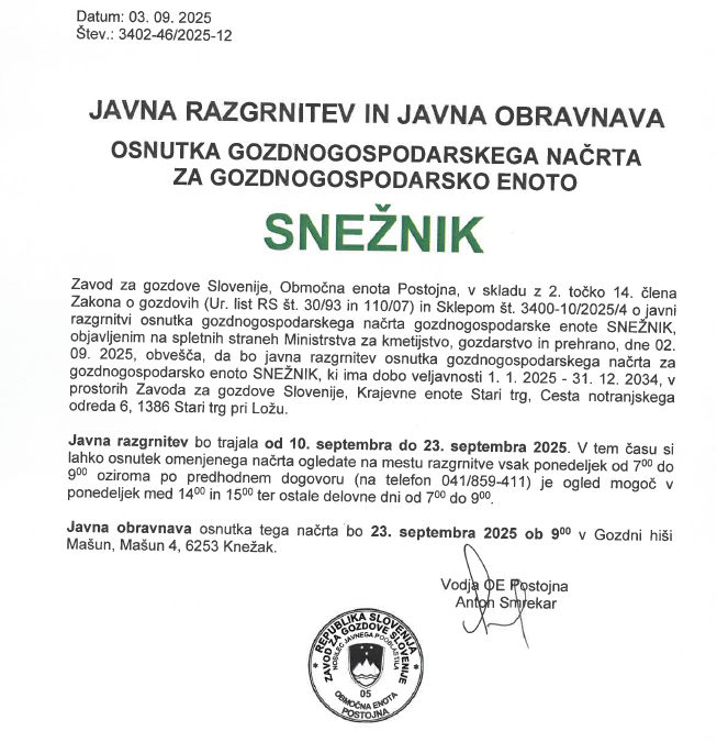 Javna razgrnitev in javna obravnava osnutka gozdnogospodarskega načrta za gozdnogospodarsko enoto Snežnik