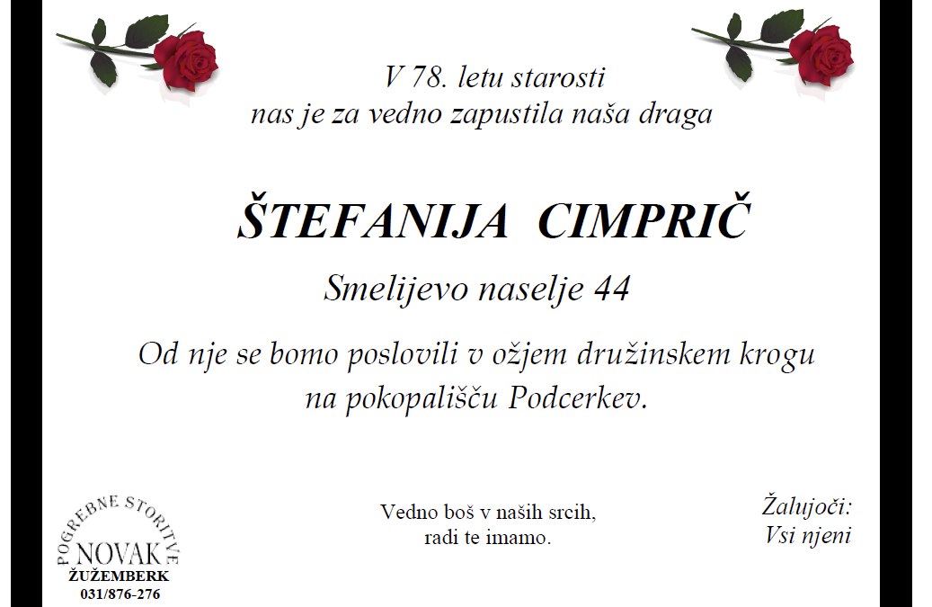Osmrtnica – Štefanija Cimprič