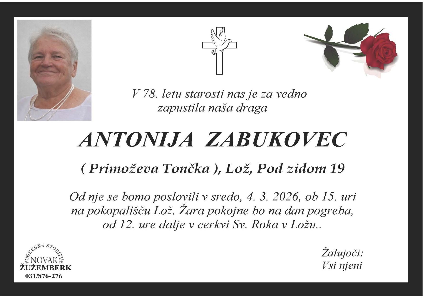 Osmrtnica Antonija Zabukovec