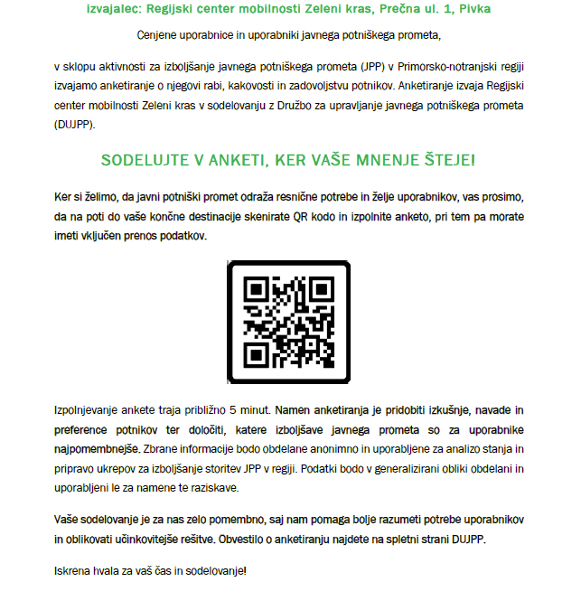 Regijsko anketiranje uporabnikov javnega potni&scaron;kega prometa v PRIMORSKO NOTRANJSKI regiji