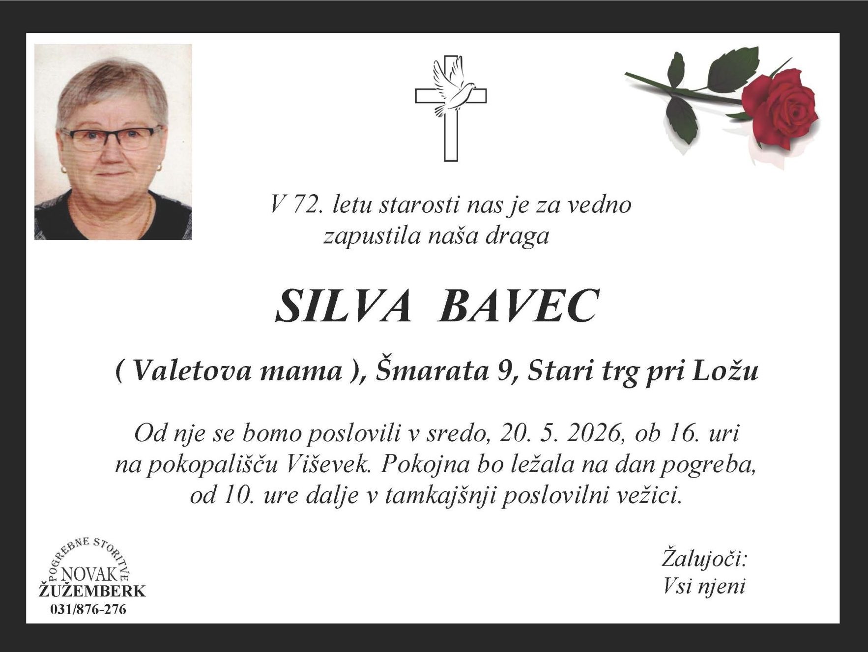 Osmrtnica Silva Bavec slika in besedilo Osmrtnica Silva Bavec slika in besedilo
