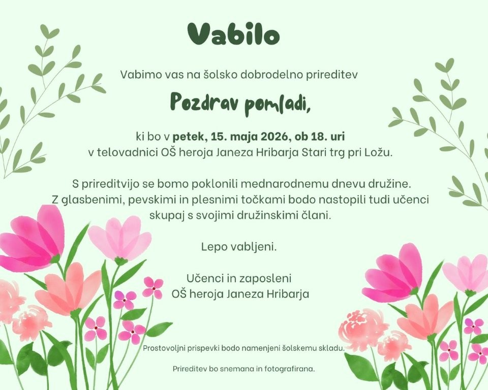 Vabilo šolska dobrodelna prireditev Pozdrav pomladi Vabilo šolska dobrodelna prireditev Pozdrav pomladi