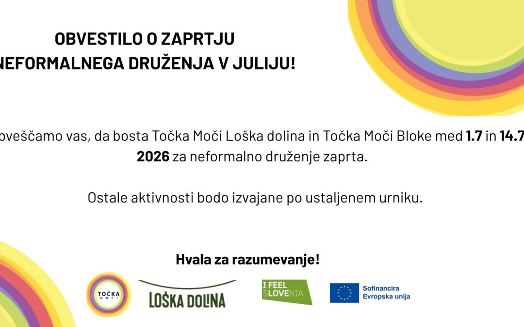 Obvestilo o zaprtju neformalnega druženja v MGC Gaber v mesecu juliju