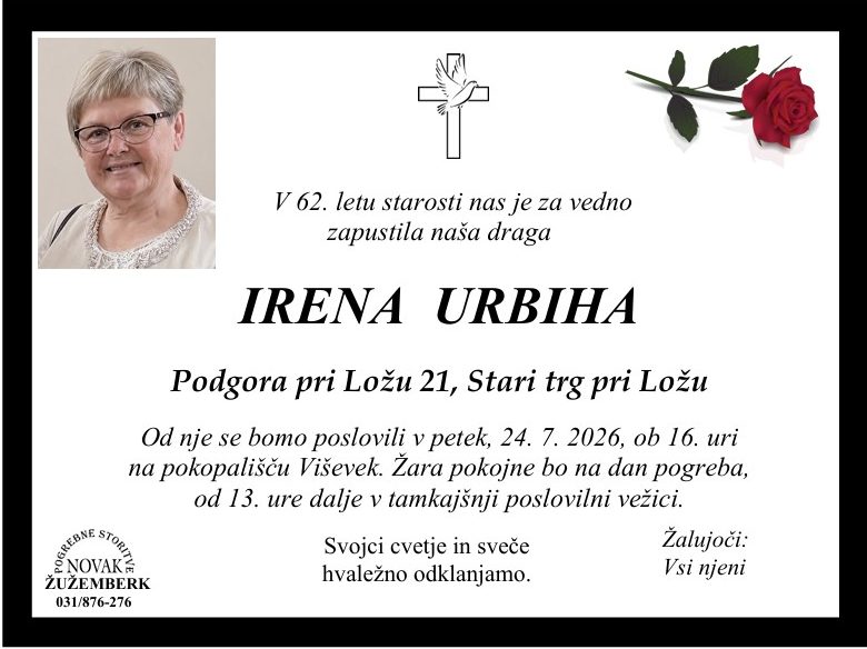 Osmrtnica Irena Urbiha